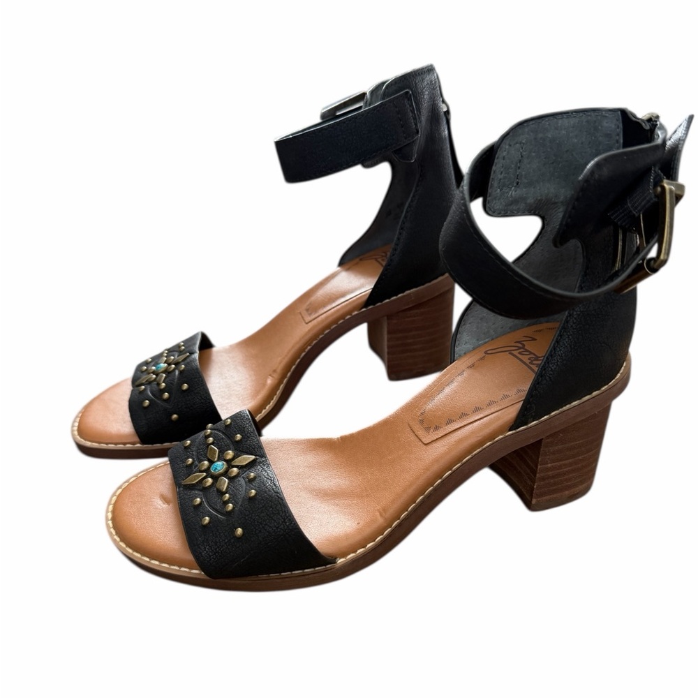 Black Leather Boho Festival Western Ankle Strap Heels - Picture 2 of 6